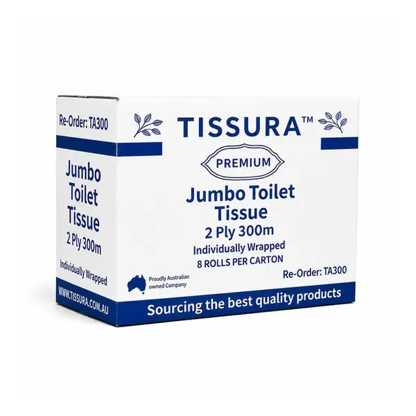 Tissura | Premium Jumbo Toilet Paper 2Ply 8 X 300m Long | Crystalwhite Cleaning Supplies Melbourne