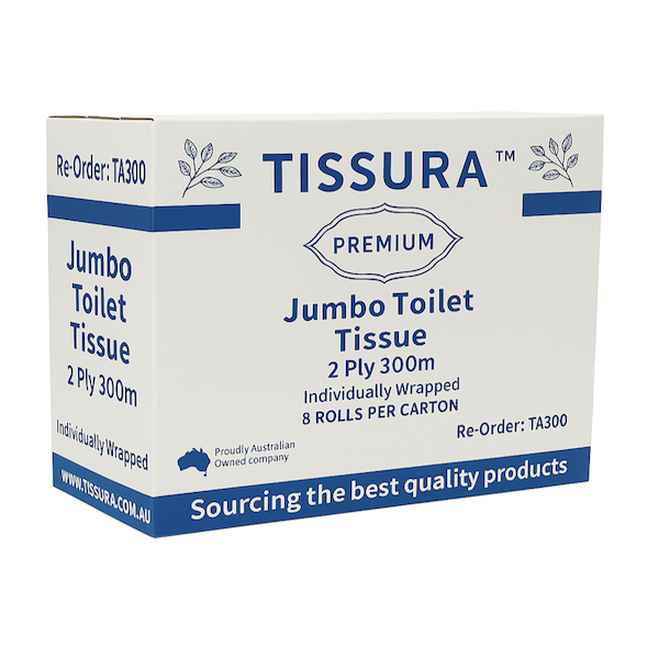 Tissura | Premium Jumbo Toilet Paper 2Ply 8 X 300m Long | Crystalwhite Cleaning Supplies Melbourne