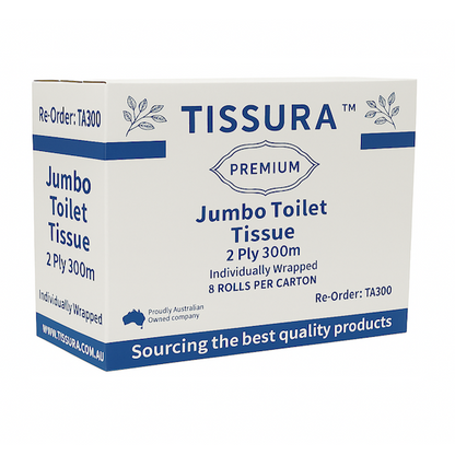 Tissura | Premium Jumbo Toilet Paper 2Ply 8 X 300m Long | Crystalwhite Cleaning Supplies Melbourne