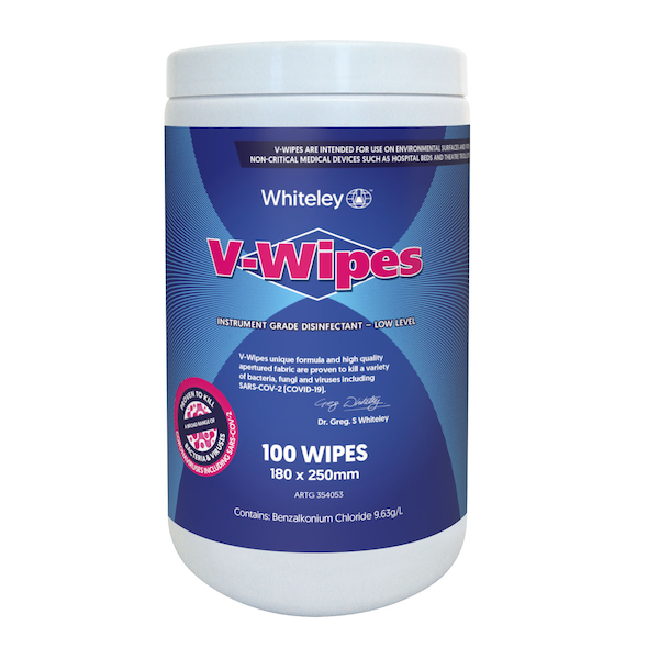 Whiteley | Viraclean V Wipes Canister 100 Wipes Hospital Grade Disinfectant Wipes | Crystalwhite Cleaning Supplies Melbourne