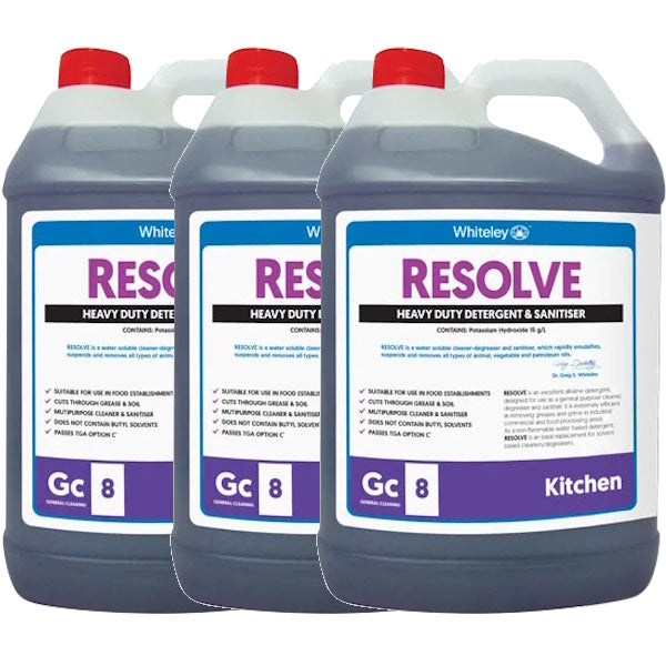 Whiteley | Resolve 3 X 5Lt All Purpose Detergent and Sanitiser | Crystalwhite Cleaning Supplies Melbourne