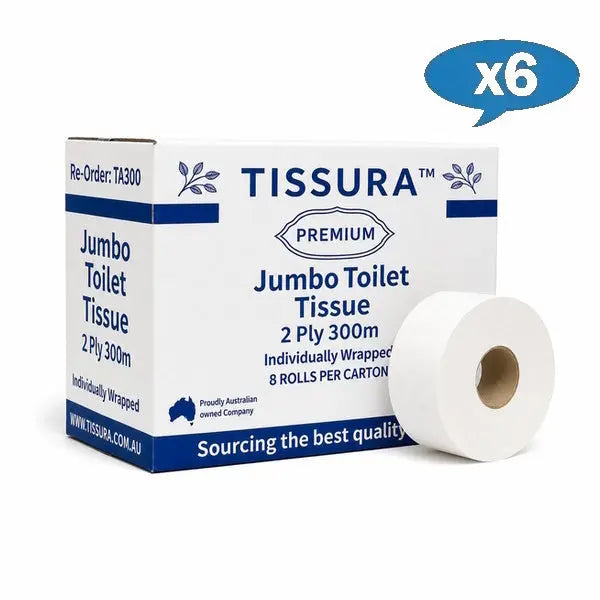 Wholesale Tissura | Premium Jumbo Toilet Paper 2Ply Roll Individually Wrapped 6 Boxes | Crystalwhite Cleaning Supplies Melbourne