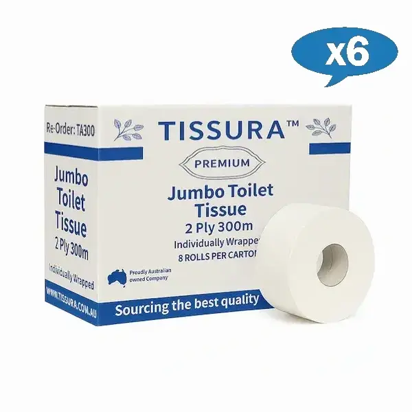 Wholesale Tissura | Premium Jumbo Toilet Paper 2Ply Roll Individually Wrapped 6 Boxes | Crystalwhite Cleaning Supplies Melbourne
