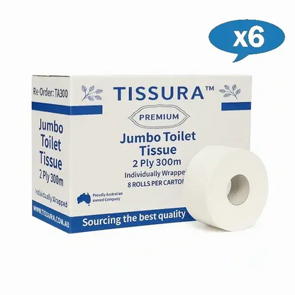Wholesale Tissura | Premium Jumbo Toilet Paper 2Ply Roll Individually Wrapped 6 Boxes | Crystalwhite Cleaning Supplies Melbourne