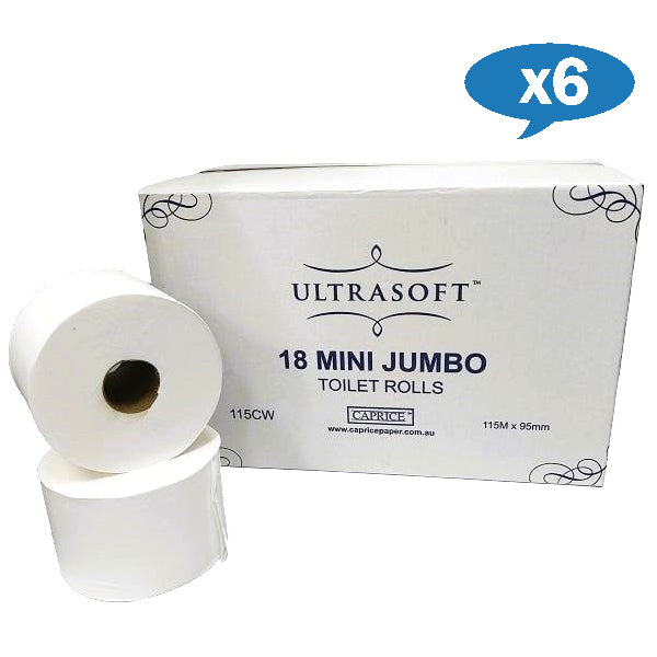 Caprice | Ultrasoft Mini Jumbo Toilet Paper Roll 115 metre | Crystalwhite Cleaning Supplies Melbourne