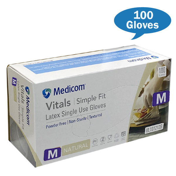 Medicom | Vital Latex Gloves Powdered Free Medium | Crystalwhite Cleaning Supplies Melbourne