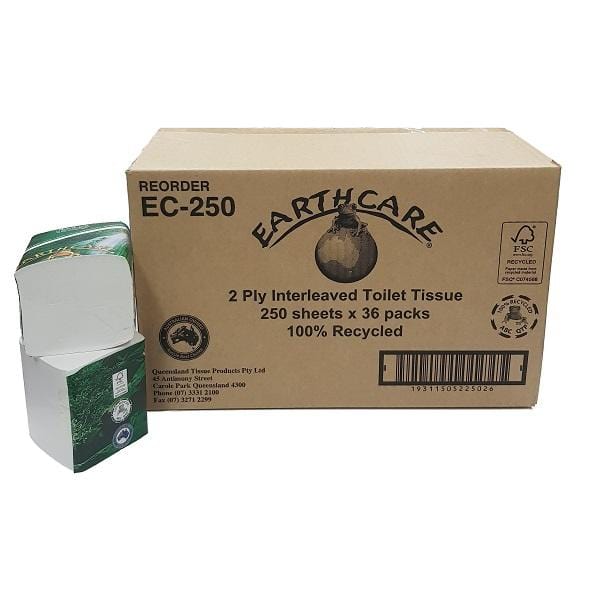 Queensland | Earthcare Interleaved Toilet Tissue 36 Packs 2ply 250 Sheets 100% Recycled Paper | Crystalwhite Cleaning Supplies Melbourne