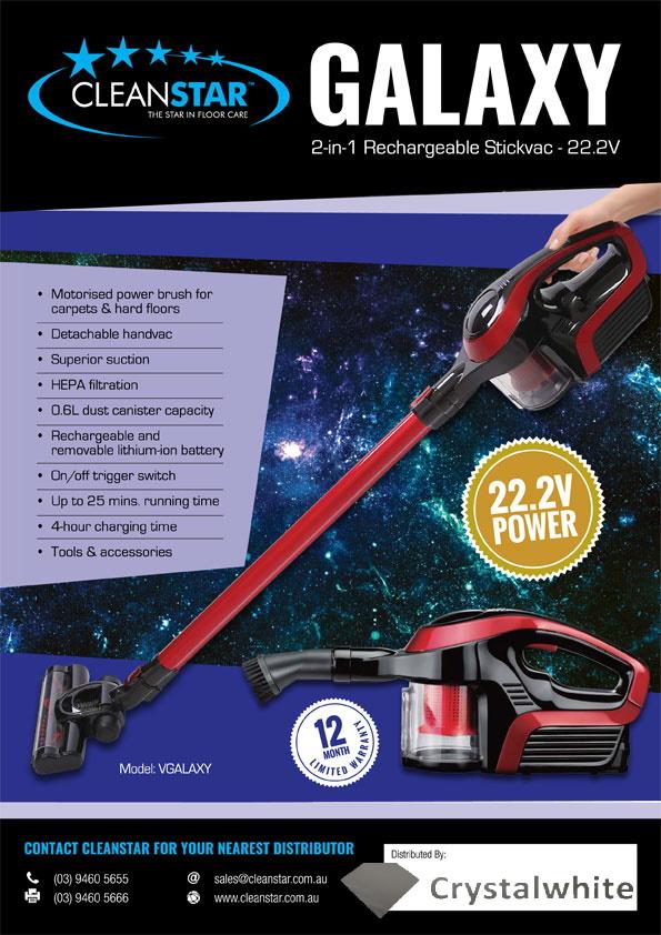 GALAXY Rechargeable Stickvac  22.2V Cordless Vacuum | Crystalwhite Cleaning Supplies Melbourne